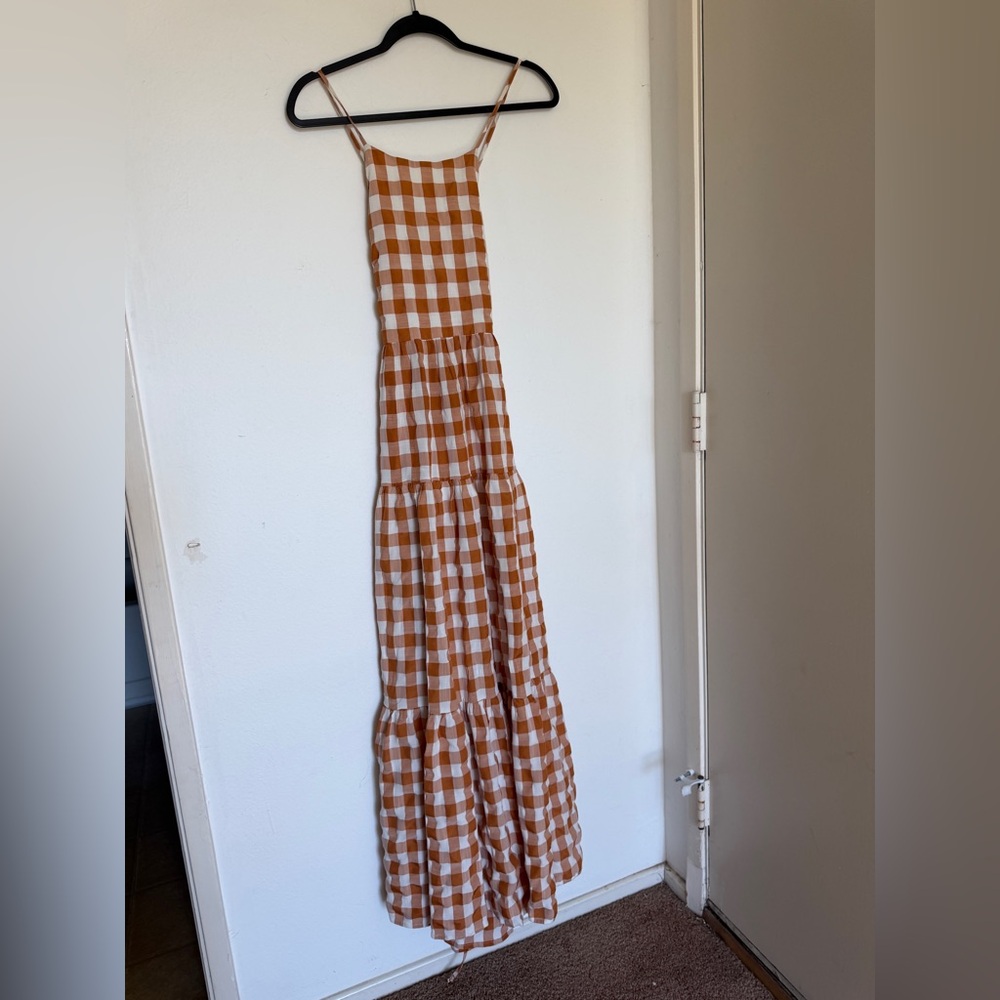 REVOLVE Gingham Maxi Dress in White and Tan